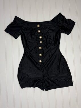 Black Off-Shoulder One-Piece Romper with Gold Buttons